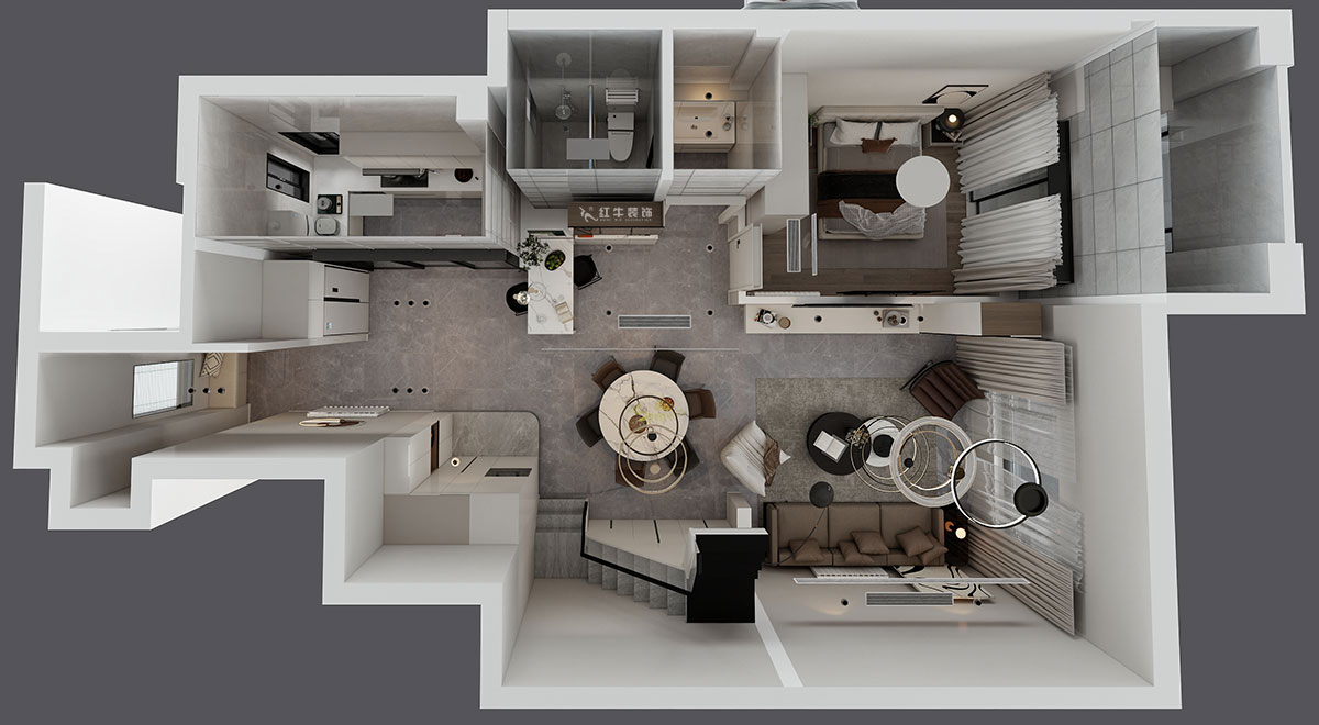 蒋琛｜泰山鲁能七号院6-205-280㎡-现代简约风格｜复式｜4室2厅3卫｜毛坯装修｜定制家｜全包40万｜00_07一层鸟瞰图